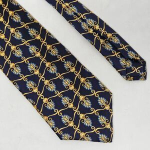 LUGANO ITALIA HAND MADE SILK TIE NAVY BLUE GOLD BAROQUE LUXURY 3.5" X 60"